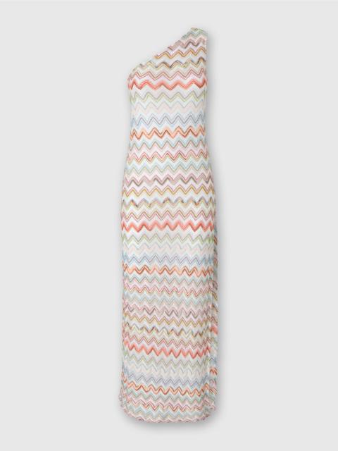 Long one-shoulder dress with 3D zig zag lamé