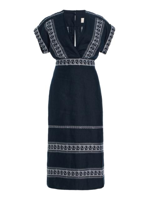 Ady Embroidered Linen-Blend Midi Dress navy