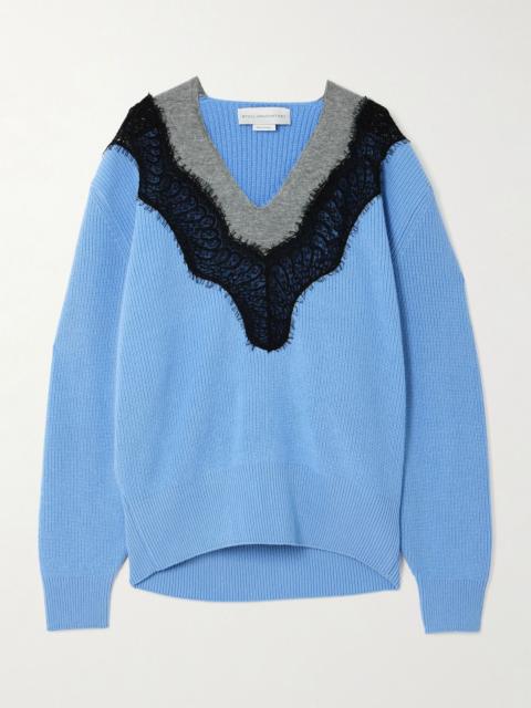 Oversized lace-trimmed ribbed wool sweater Sky blue