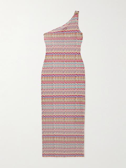 One-shoulder Striped Stretch-mesh Coverup