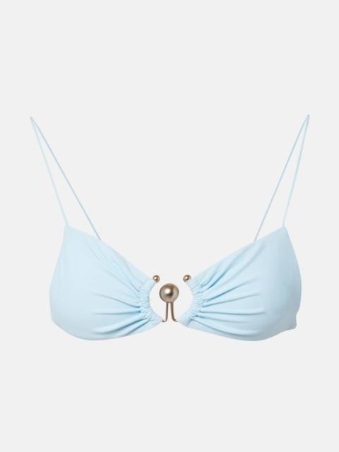 Ring-detail ruched bikini top