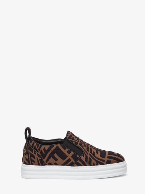 Brown fabric slip ons