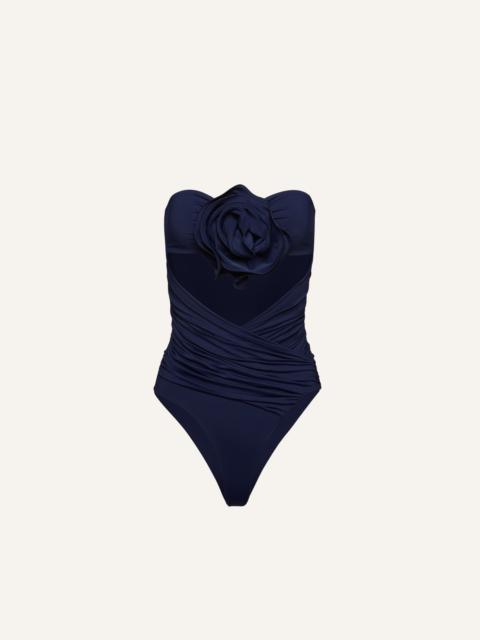Flower appliqué strapless cutout swimsuit in navy