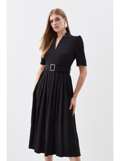 Tailored Structured Crepe Forever Pleat Belted Midi Dress