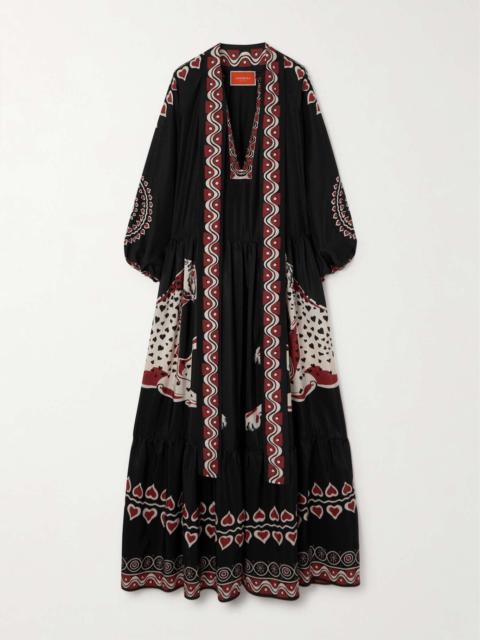 Athena pussy-bow tiered printed silk maxi dress