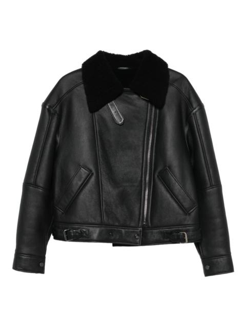 shearling-collared leather jacket