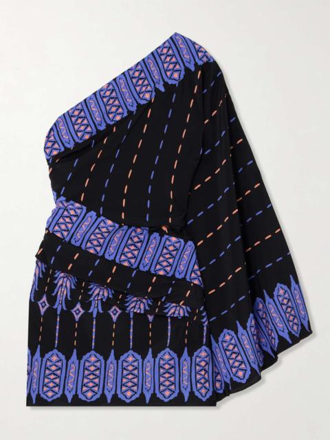 Black Canyon one-shoulder printed silk crepe de chine mini dress