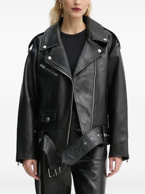belted zip-front leather jacket