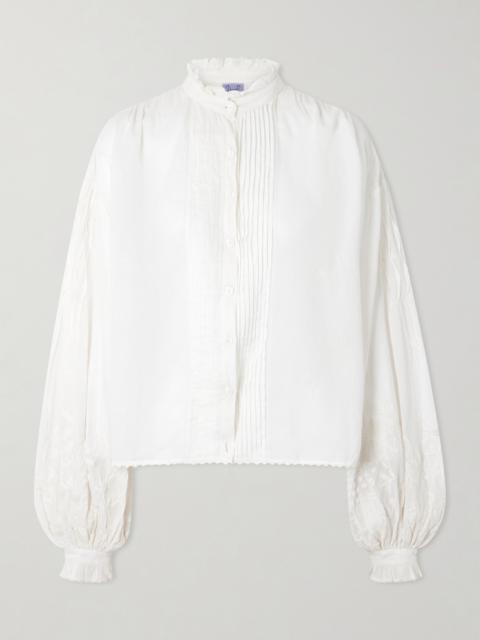 Slava Ruched Pleated Embroidered Cotton-voile Shirt