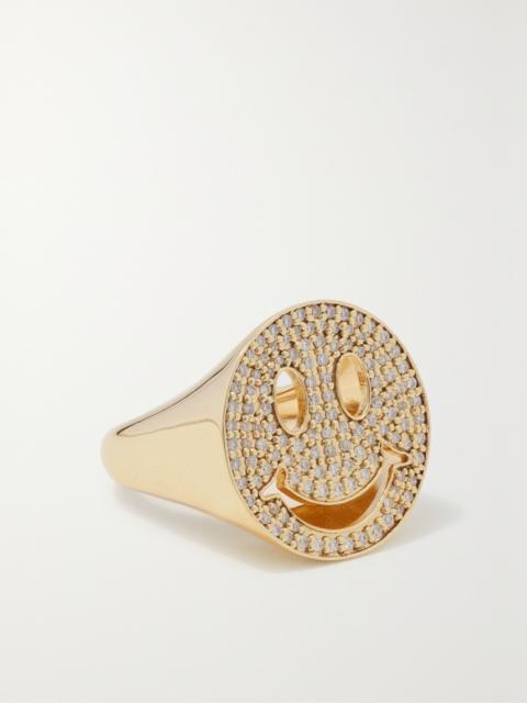 Large Happy Face 14-karat gold diamond signet ring Gold