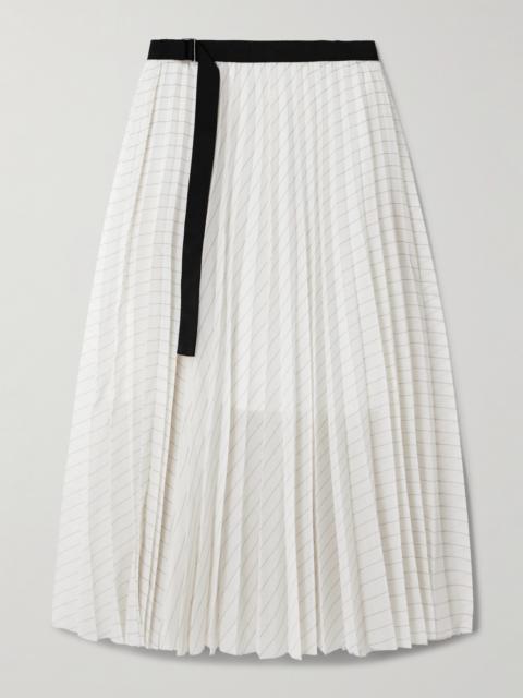 Belted Pleated Striped Voile Midi Skirt