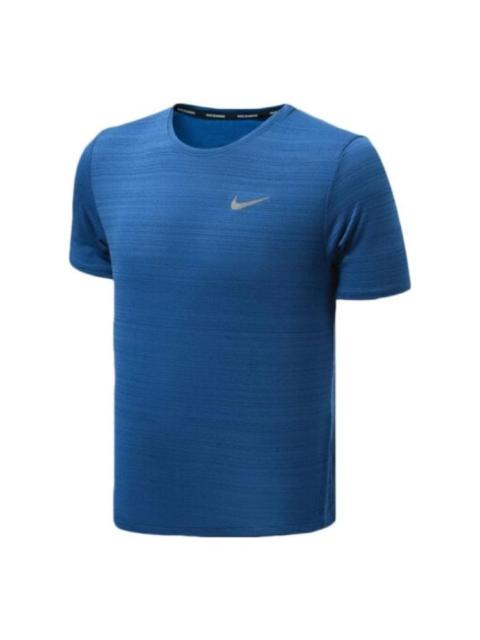 Men's Nike Dri-fit Miler Solid Color Logo Luminous Crew Neck Running Short Sleeve Blue T-Shirt CU599