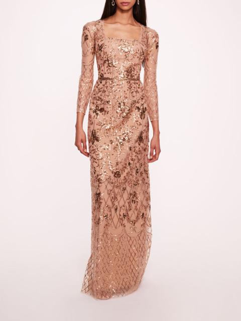 SEQUIN LATTICE SLEEVED GOWN