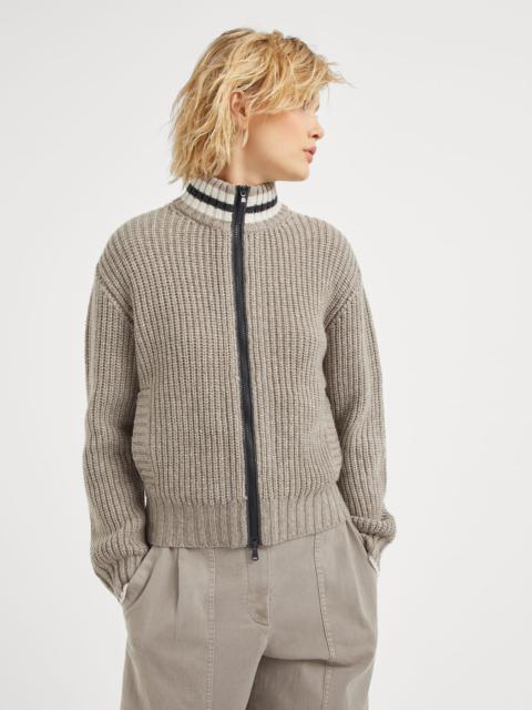 Cashmere Feather yarn English rib knit cardigan with shiny trims