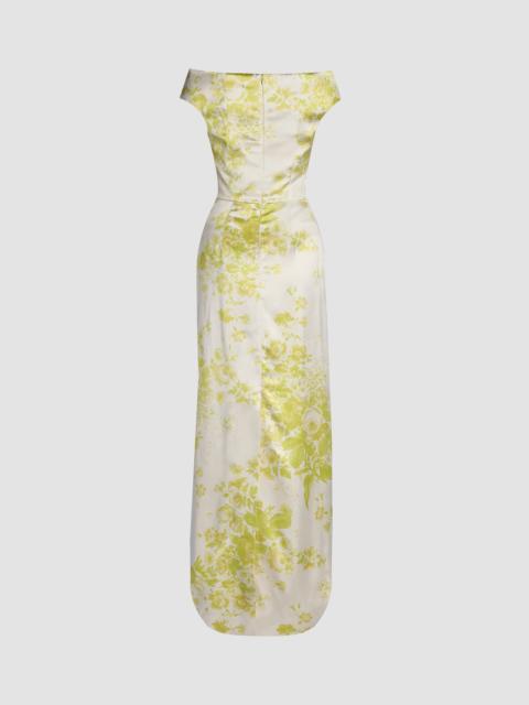 FLORAL PRINT DUCHESS SLASHED NECKLINE GOWN
