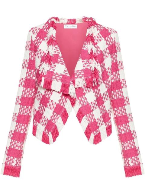 check-print woven open-front jacket