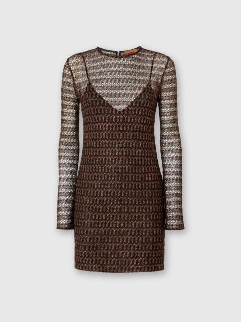 Lace motif viscose crewneck mini-dress