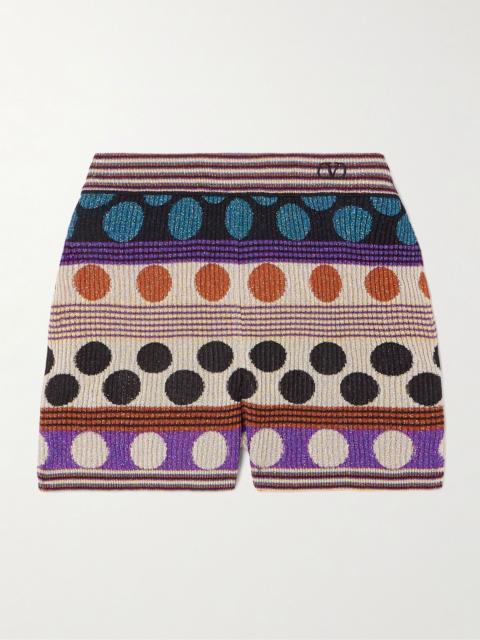 Embroidered ribbed metallic jacquard-knit shorts Beige