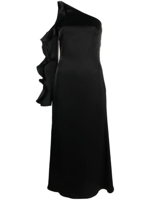 asymmetric ruffle-trim satin dress