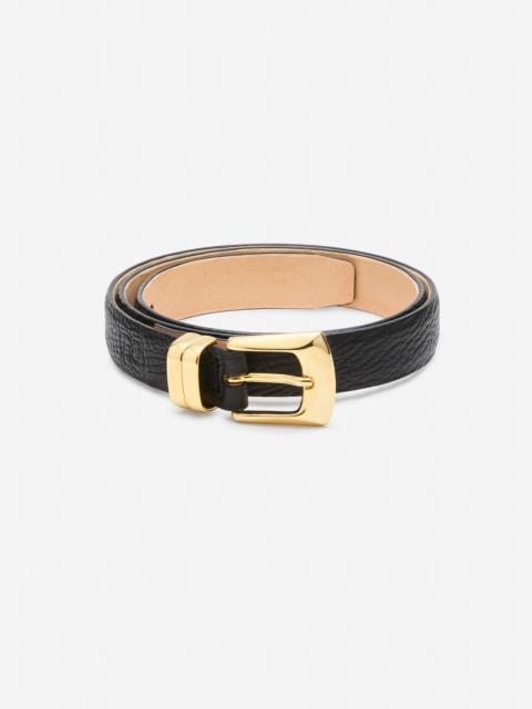 Square buckle leather belt in black and gold