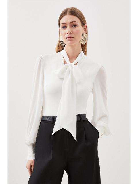 Jersey Ponte And Georgette Mix Tie Neck Long Sleeve Bodysuit