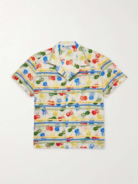 Flower Stamp Camp-Collar Appliquéd Printed Cotton-Gauze Shirt