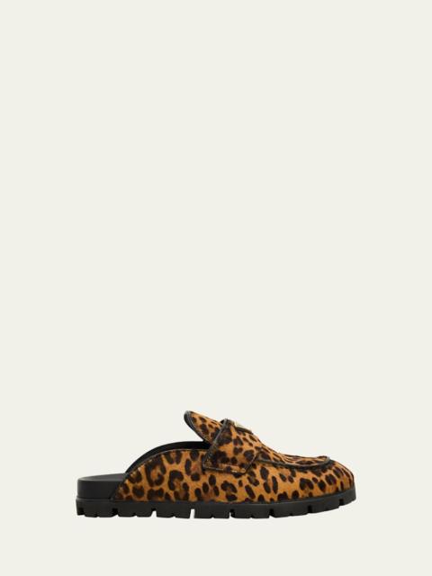 Leopard Calf Hair Triangle Logo Mules