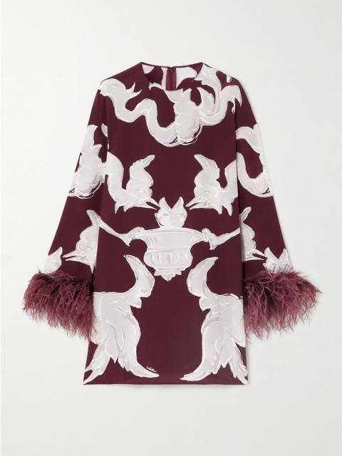 Feather-trimmed Printed Silk Crepe De Chine Mini Dress