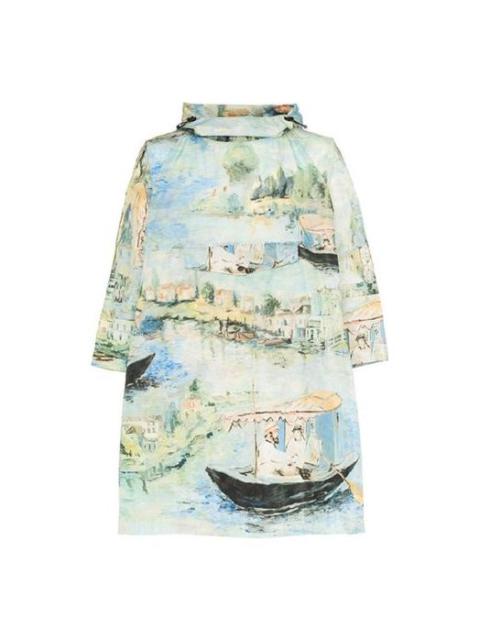 Men's Off-White Painting Pattern Mid-Length Nylon Pullover Hooded Loose Fit Green Windbreaker OMEI00