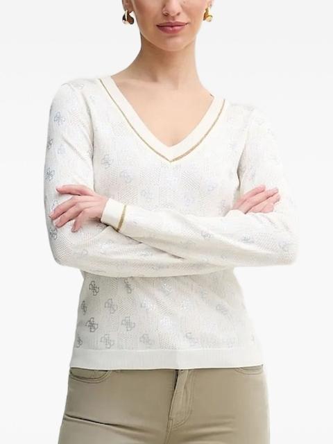 logo-pattern V-neck sweater