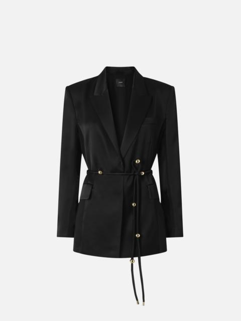 GLOSSY SATIN BLAZER WITH BELT AND SPHERE ACCENT