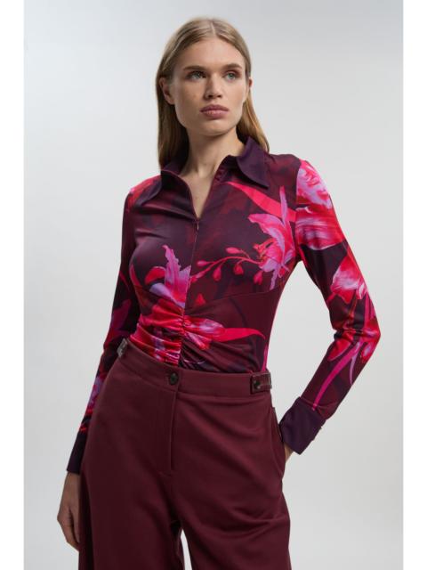 Floral Print Crepe Collared Long Sleeve Shirt