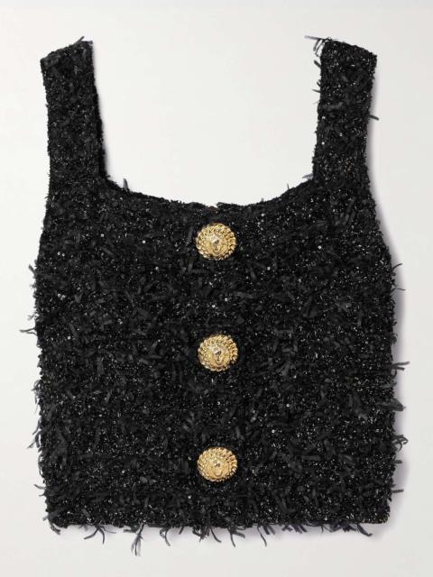 Cropped button-embellished sequined metallic bouclé-tweed top Black