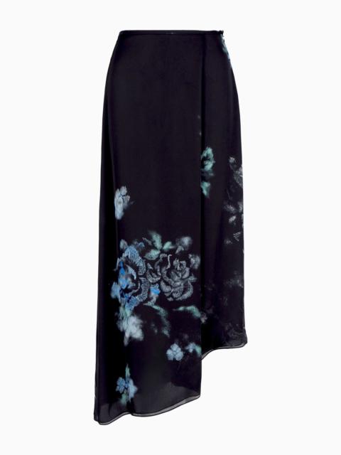 Silk charmeuse organza asymmetric skirt with a floral print