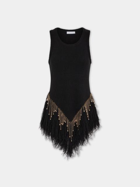 BLACK WOVEN TOP WITH KNITTED BEADS AND FEATHERS