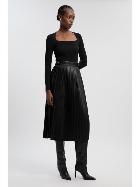 Viscose Rib Pu Mix Tab Detail Pleated Knit Midi Dress