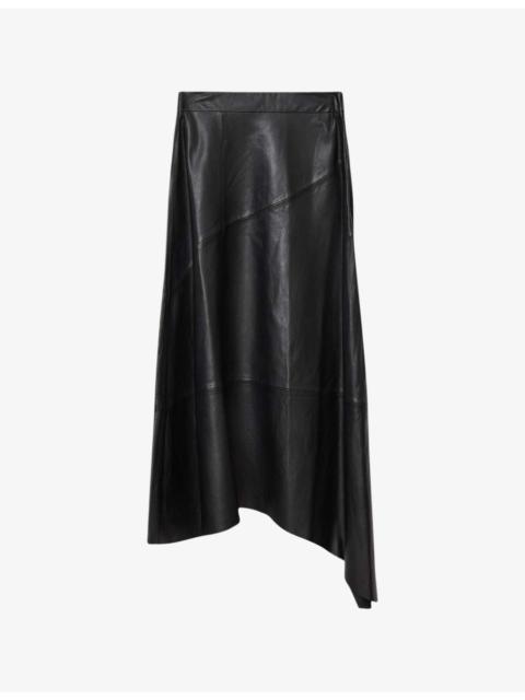 Gia Lea Asymmetric-Hem Leather Midi Skirt