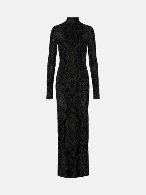 Embroidered velvet and mesh gown