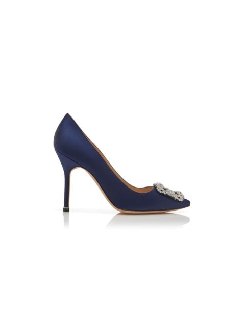 Navy Blue Satin Jewel Buckle Pumps