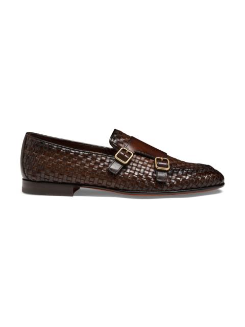 Men's dark brown woven leather double-buckle loafer
