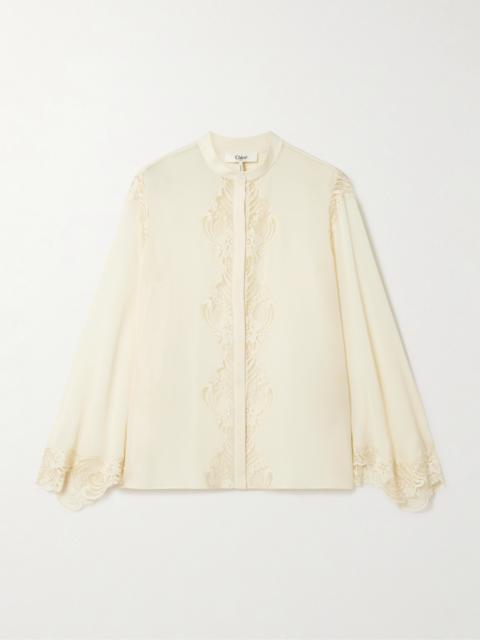 Embroidered Lace-trimmed Organic Silk-georgette Blouse
