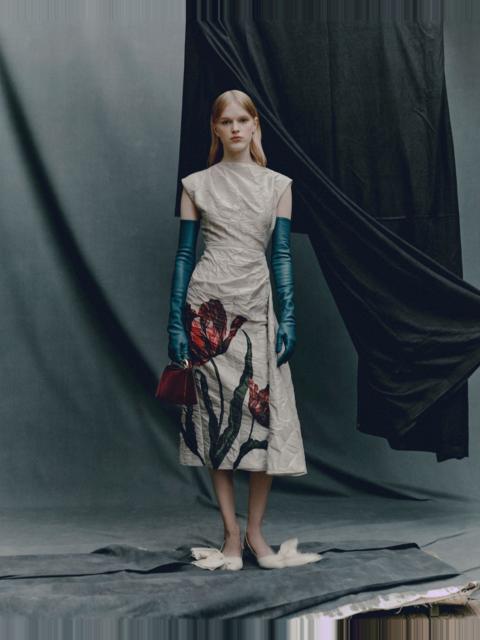 FLORAL PRINT TEXTURED SATIN DRAPED MIDI DRESS