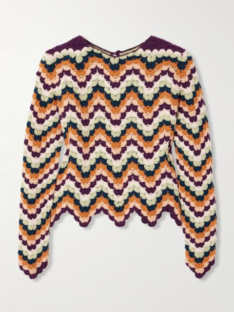 Safi Pesca scalloped striped crocheted organic cotton top Brown