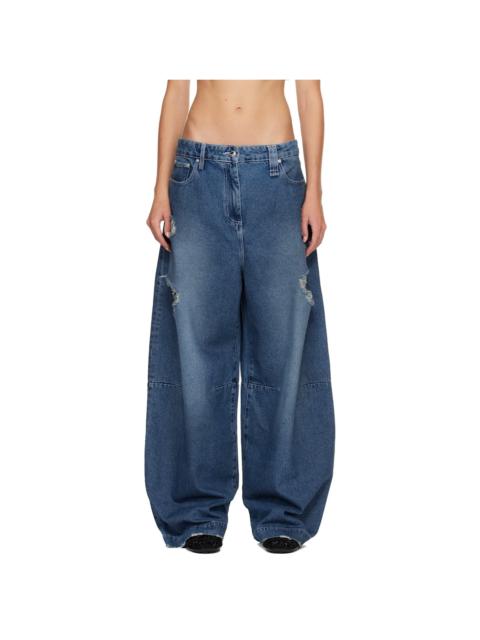 Blue Embellished Wide Leg Puddle Jeans