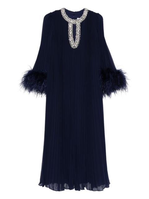 feather-cuff pleated maxi dress