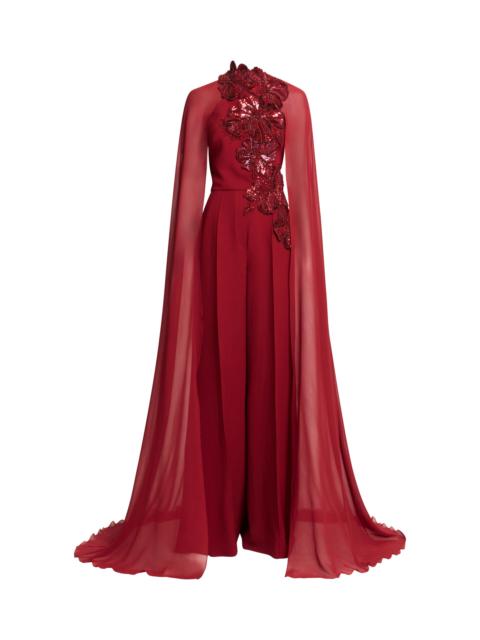 Embelished Cape-Sleeve Cady Jumpsuit red