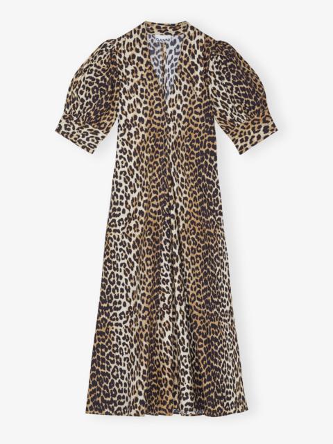 LEOPARD COTTON POPLIN V-NECK MAXI DRESS