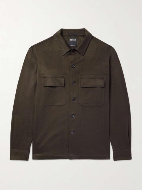 Camp-Collar Logo-Appliquéd Leather-Trimmed Oasi Cashmere Overshirt