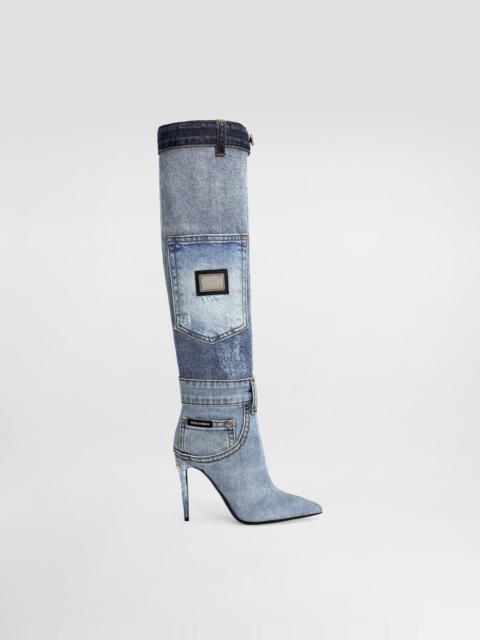 Patchwork denim boots