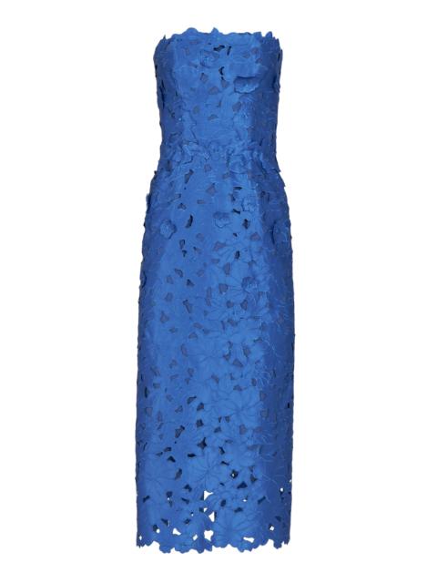 Delmara 3D-Appliqued Satin-Lace Strapless Midi Dress blue